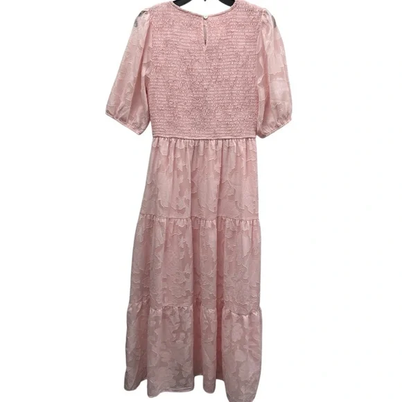 Merokeety Pink Smocked Midi Dress M Cottagecore Puff Sleeve Tiered - Picture 6 of 13